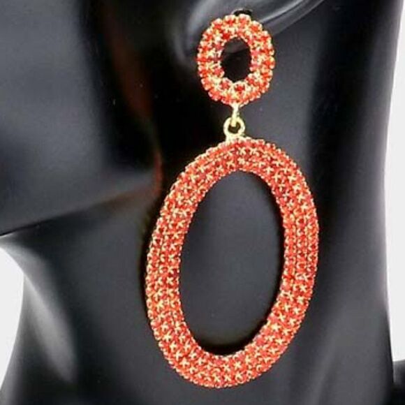 Red Rhinestone Double Open Oval Earrings - Picture 2 of 5
